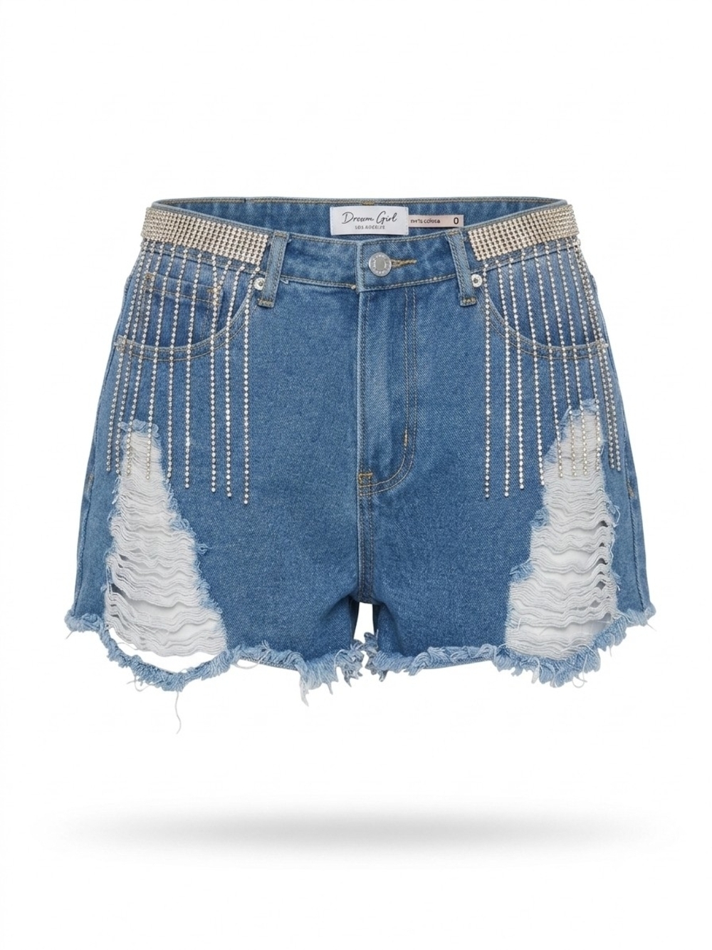 Denim Bkvd Blue Rhinestone Fringe Distressed Denim Shorts